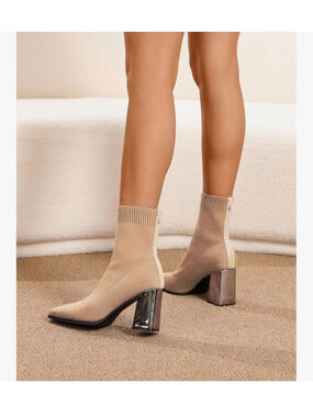 NEW NEWBELLA Pointed Toe Chunky Heeled Ankle Boots Stretch Knit Sock 6